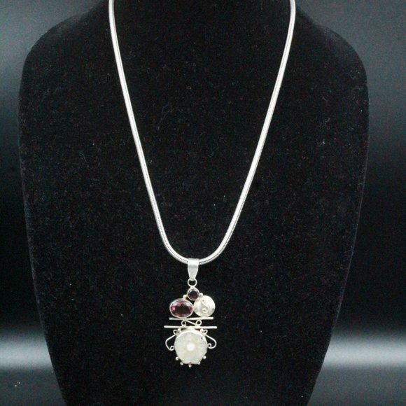 Sterling Silver 925 Purple Glass Sliced Quartz Modernist Pendant - Picture 7 of 10